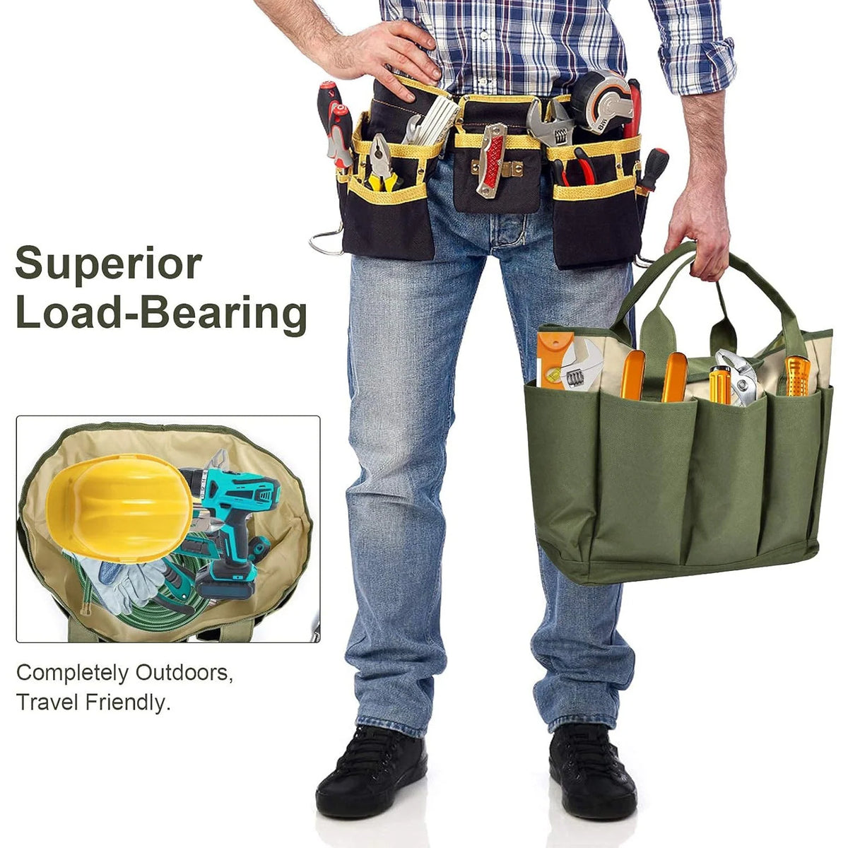 Garden Tool Tote Bag Multiple Pockets Water-Resistant Lining Reinforced Handles