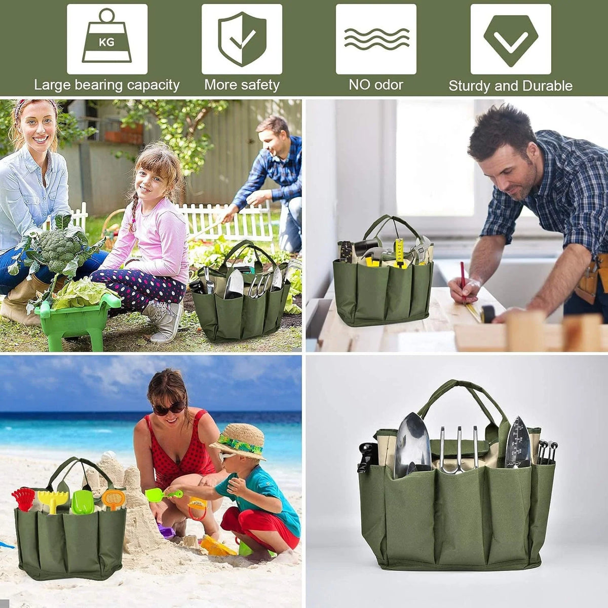 Garden Tool Tote Bag Multiple Pockets Water-Resistant Lining Reinforced Handles