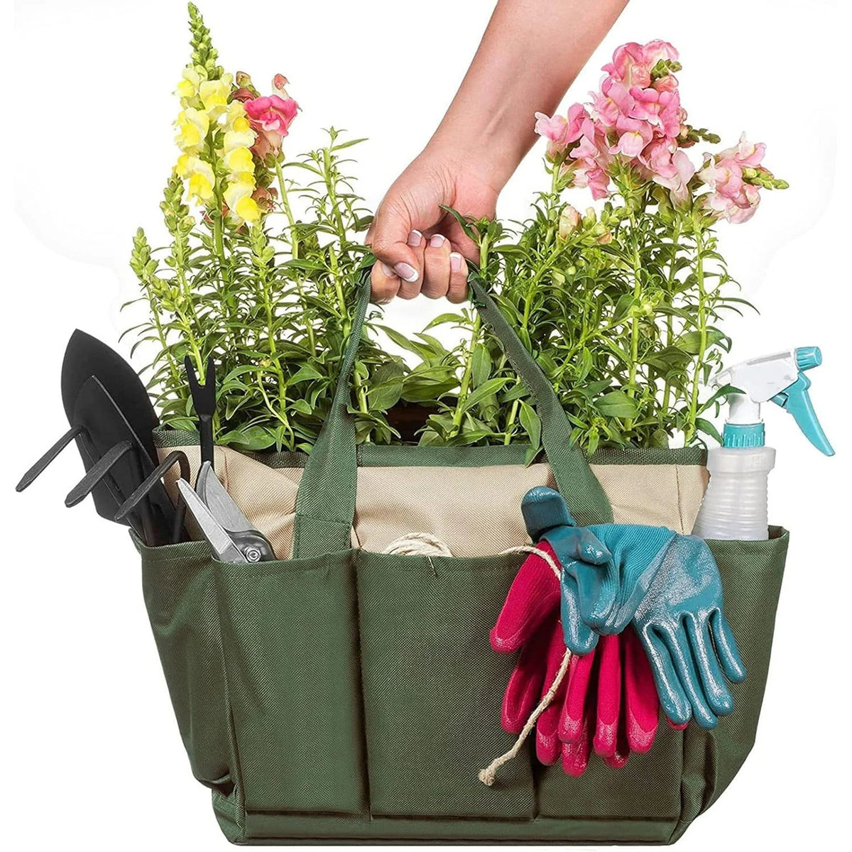 Garden Tool Tote Bag Multiple Pockets Water-Resistant Lining Reinforced Handles