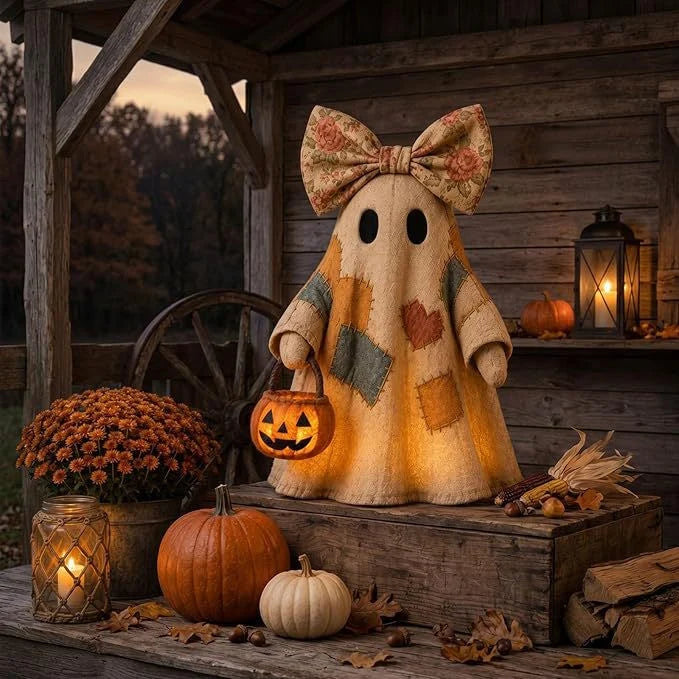 Halloween Ghost Figurine Resin Patchwork Texture With Pumpkin Basket