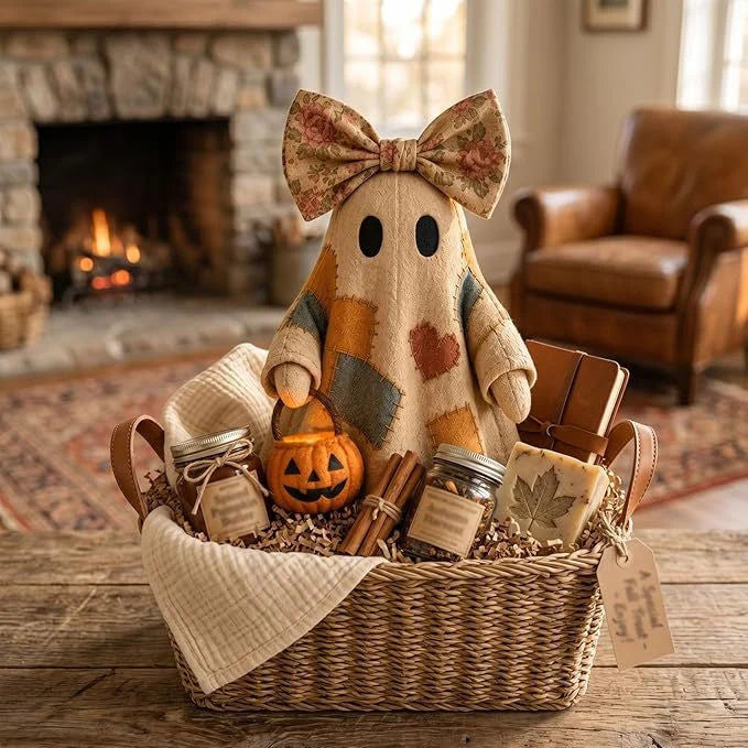 Halloween Ghost Figurine Resin Patchwork Texture With Pumpkin Basket