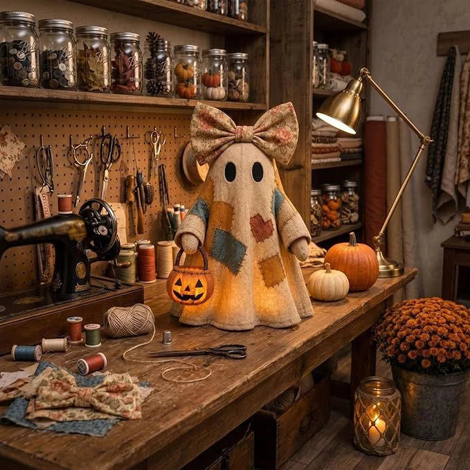 Halloween Ghost Figurine Resin Patchwork Texture With Pumpkin Basket