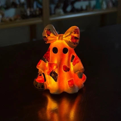 Halloween Ghost Figurine Resin Patchwork Texture With Pumpkin Basket