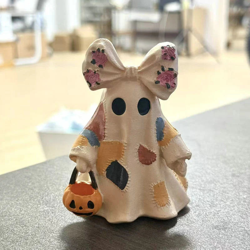 Halloween Ghost Figurine Resin Patchwork Texture With Pumpkin Basket