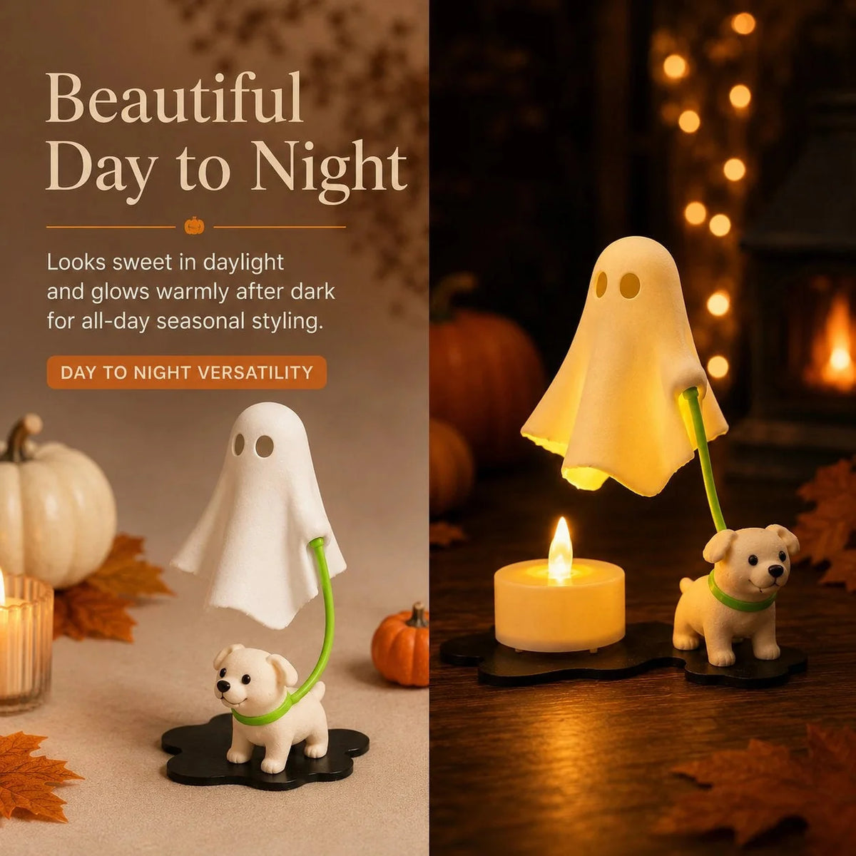Halloween Ornament Ghost & Puppy Warm Glow Tabletop Decor