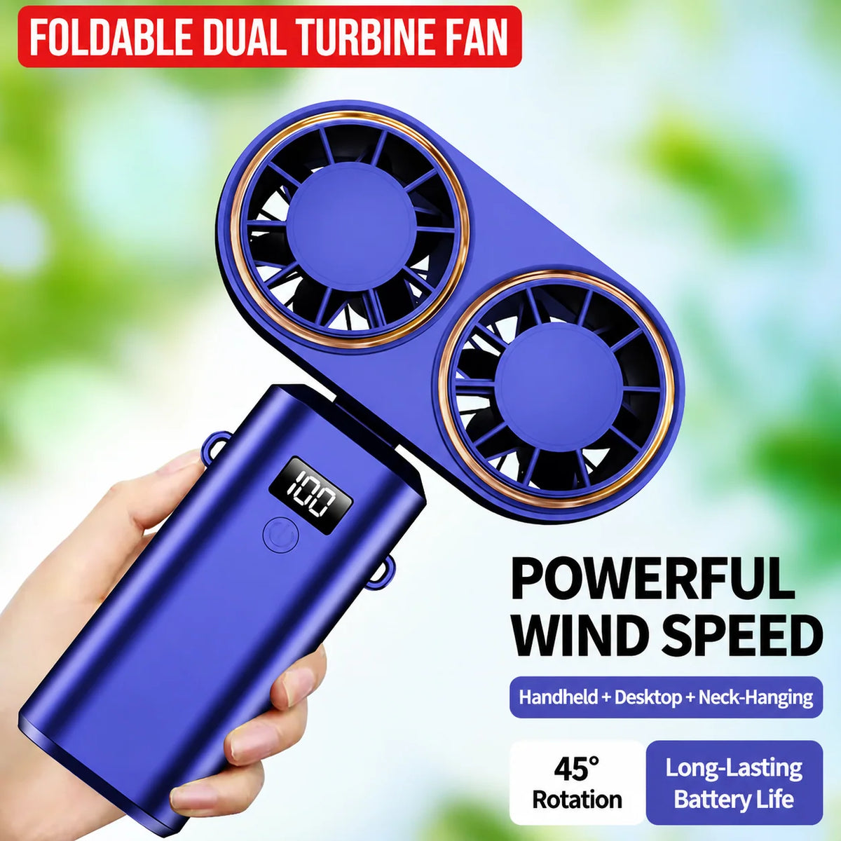 Handheld Fan Dual Airflow Five Speeds USB-C Rechargeable