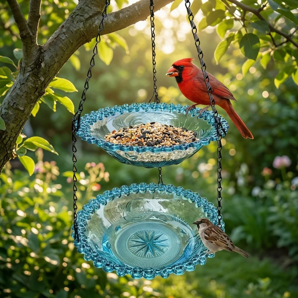 Hanging Bird Feeder & Bird Bath Dual-Tier Weather-Resistant Plastic