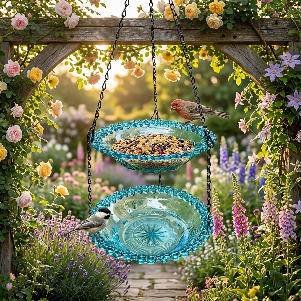 Hanging Bird Feeder & Bird Bath Dual-Tier Weather-Resistant Plastic