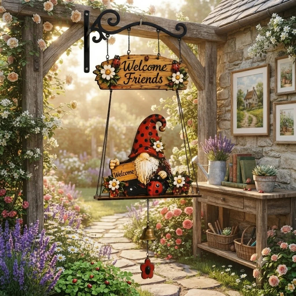 Hanging Welcome Sign Rustic Wood Gnome Bell