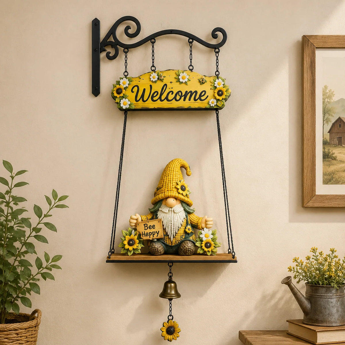 Hanging Welcome Sign Rustic Wood Gnome Bell