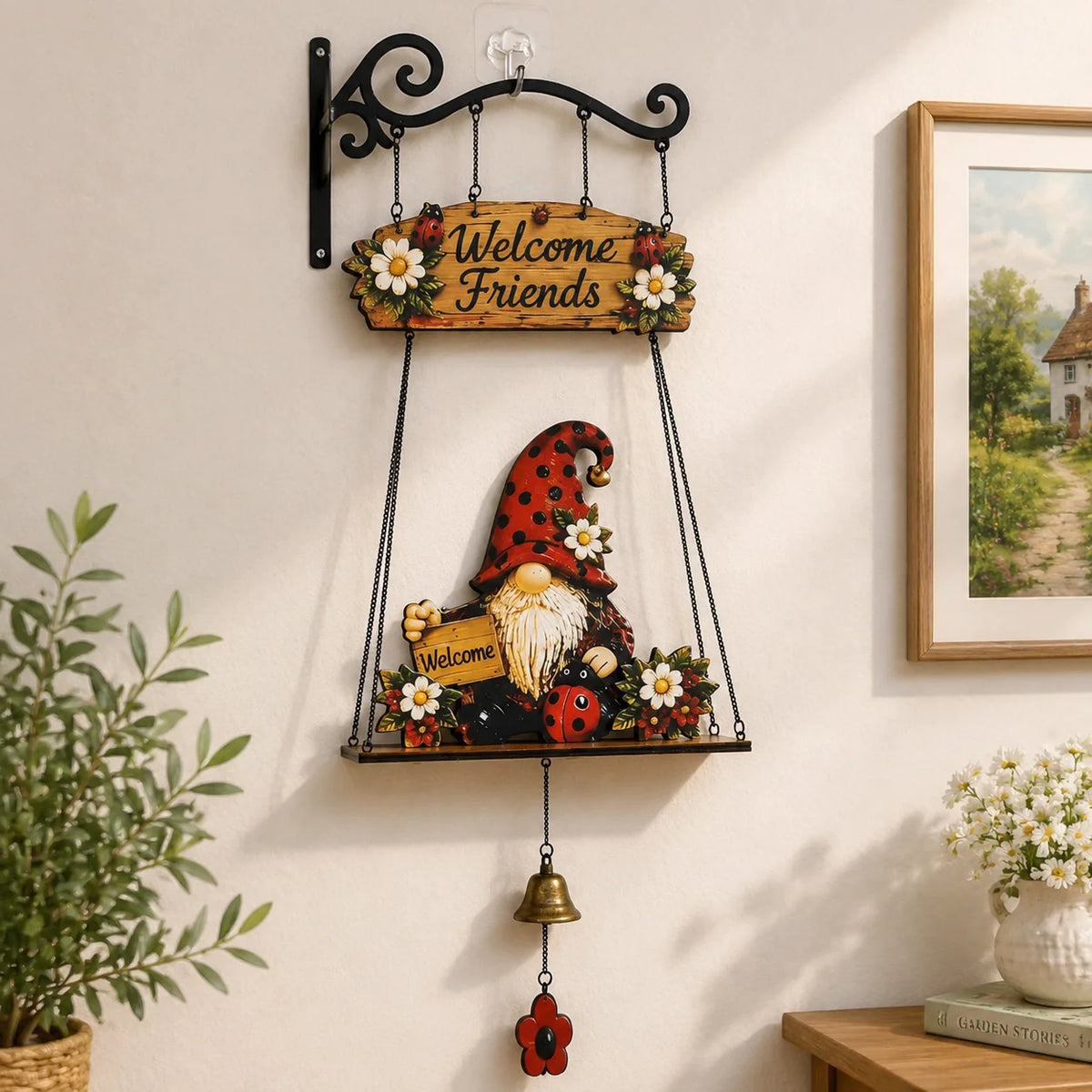 Hanging Welcome Sign Rustic Wood Gnome Bell