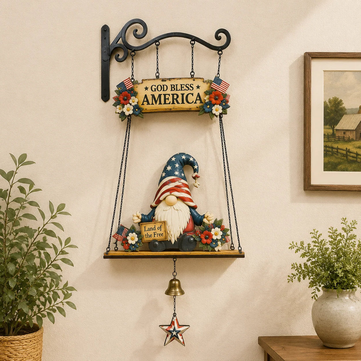 Hanging Welcome Sign Rustic Wood Gnome Bell