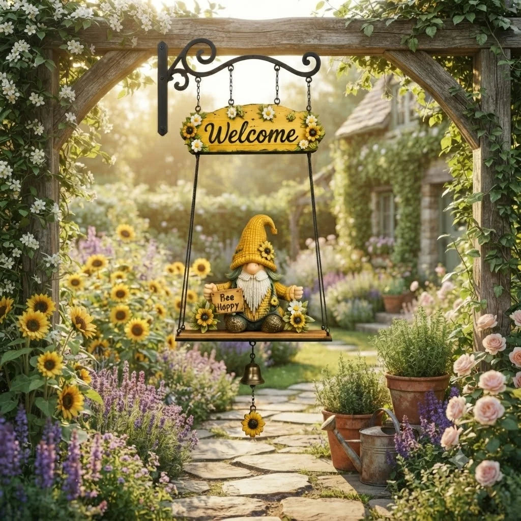 Hanging Welcome Sign Rustic Wood Gnome Bell