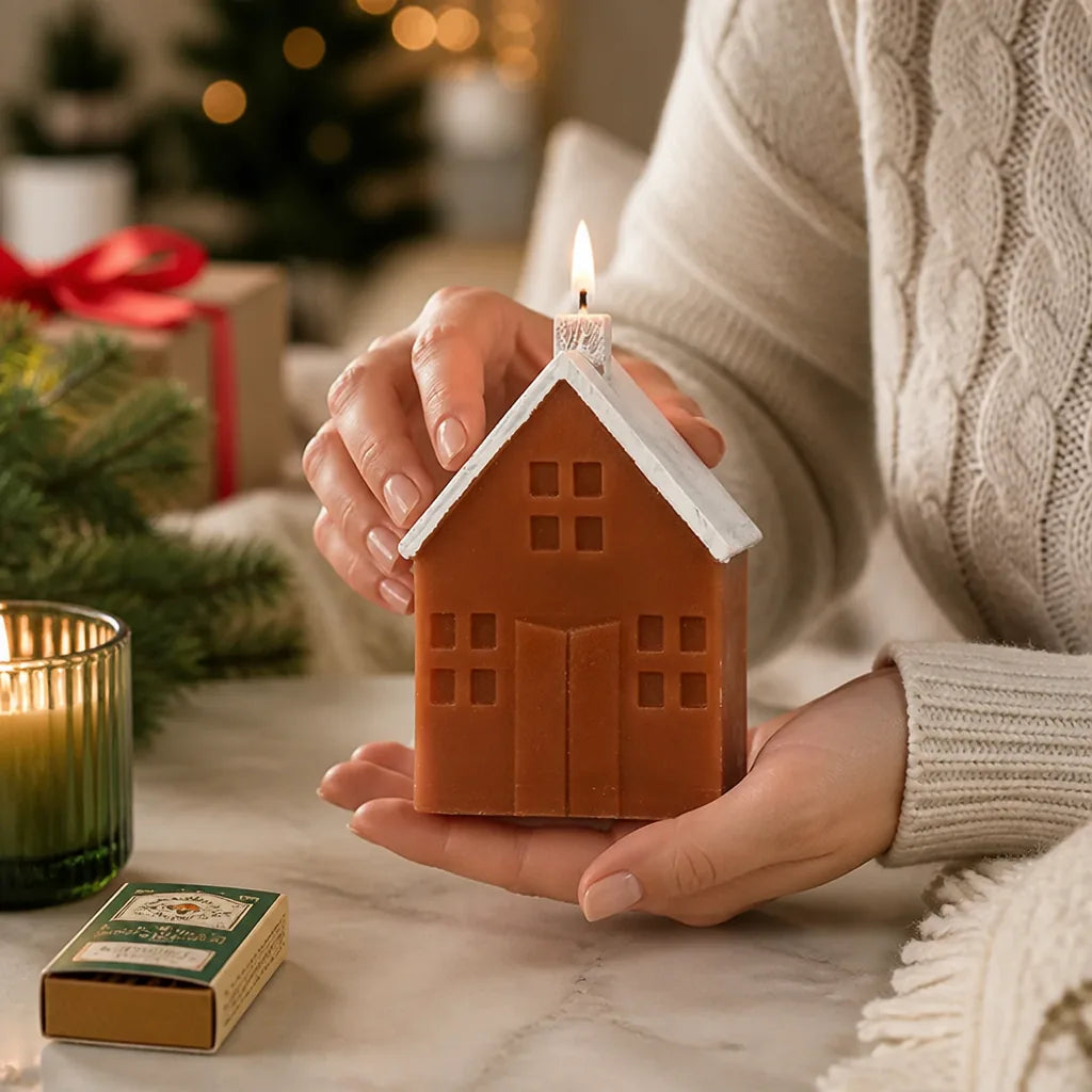 House-Shaped Scented Soy Candle With Painted Roof And Chimney