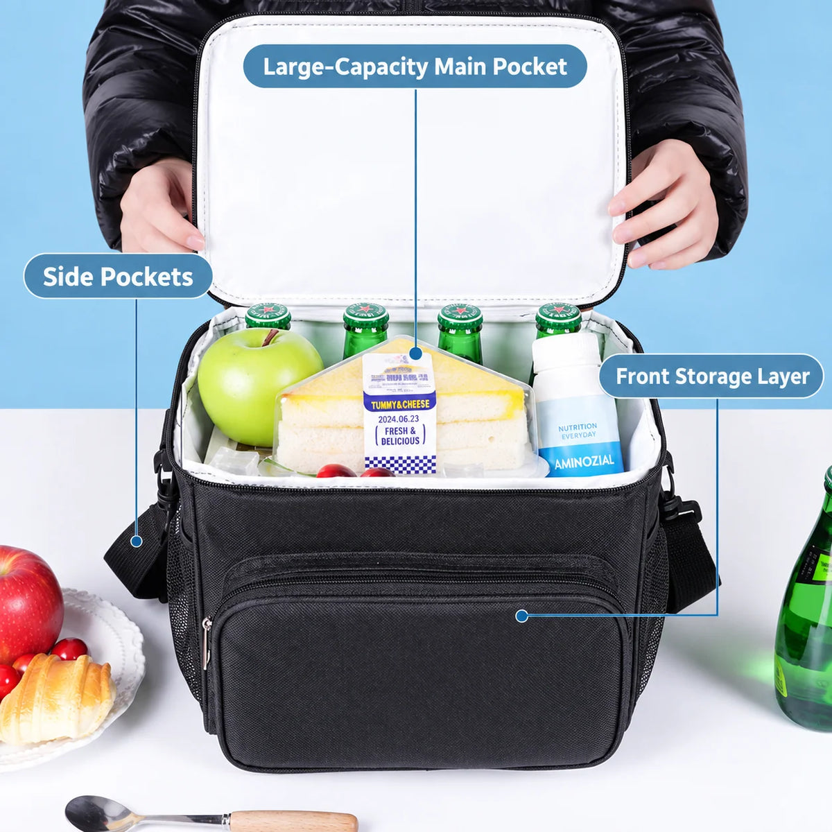 Insulated Lunch Cooler Bag PEVA Lined Leak-Resistant Removable Shoulder Strap