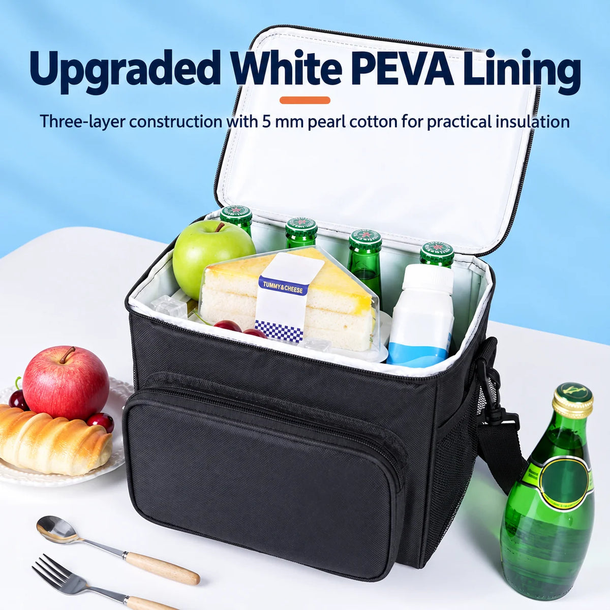 Insulated Lunch Cooler Bag PEVA Lined Leak-Resistant Removable Shoulder Strap