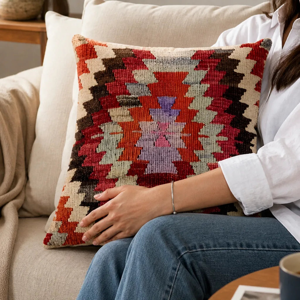 Kilim-Style Geometric Pattern Cushion Cover (Cover Only, 45x45 cm)