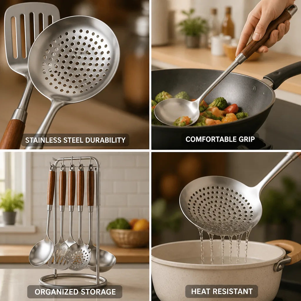 Kitchen Utensil Set Stainless Steel & Wood Handles