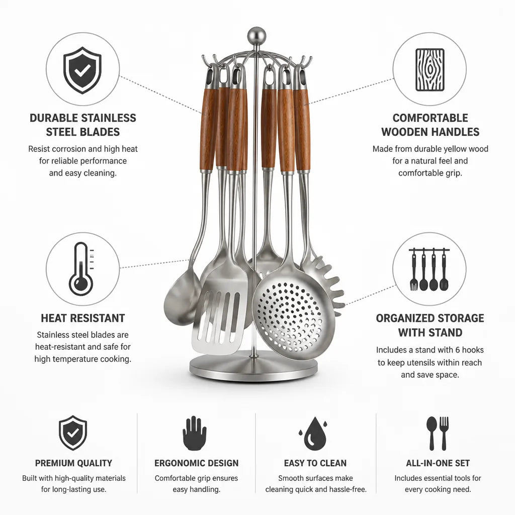 Kitchen Utensil Set Stainless Steel & Wood Handles