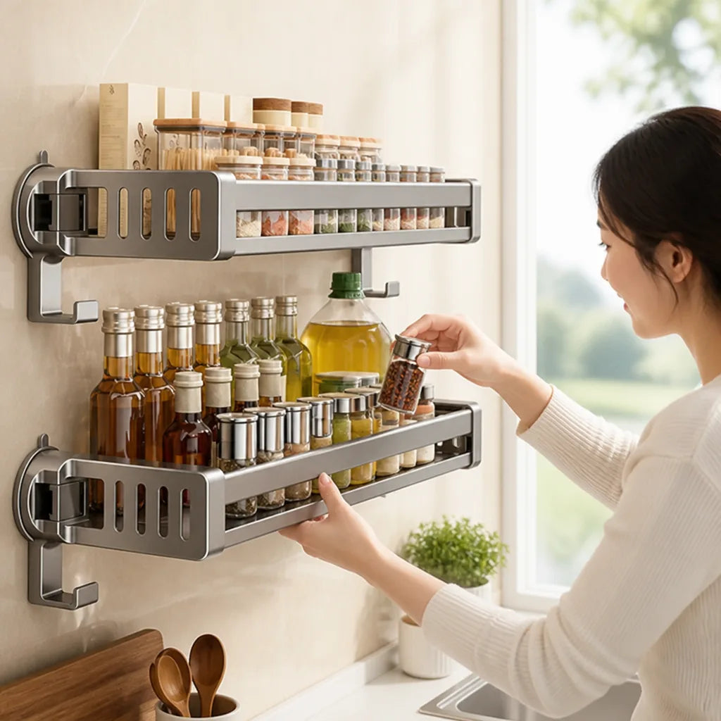 Kitchen Wall Shelf No-Drill Suction Mount With Hooks