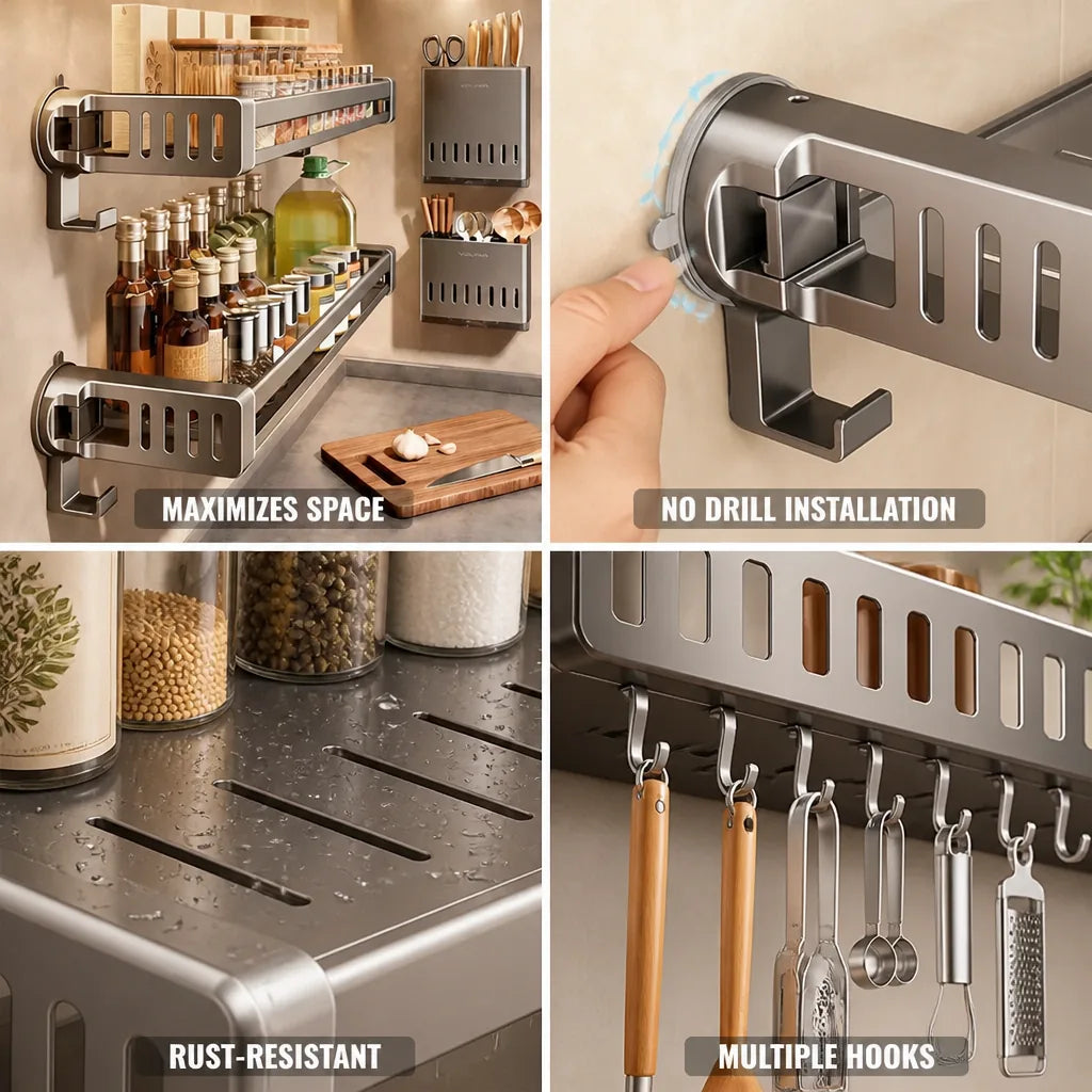Kitchen Wall Shelf No-Drill Suction Mount With Hooks