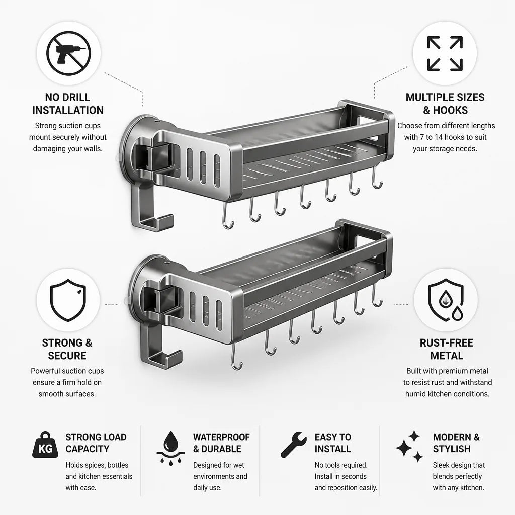 Kitchen Wall Shelf No-Drill Suction Mount With Hooks