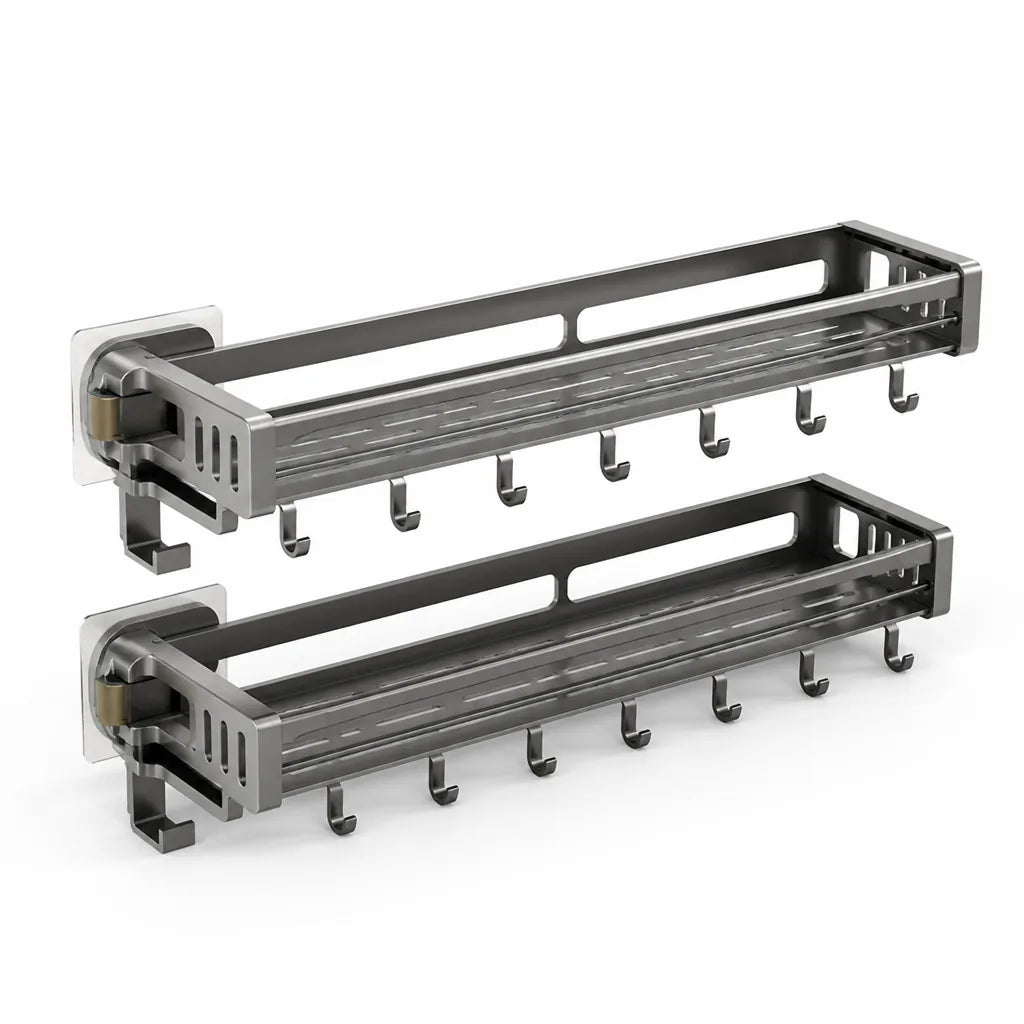 Kitchen Wall Shelf No-Drill Suction Mount With Hooks