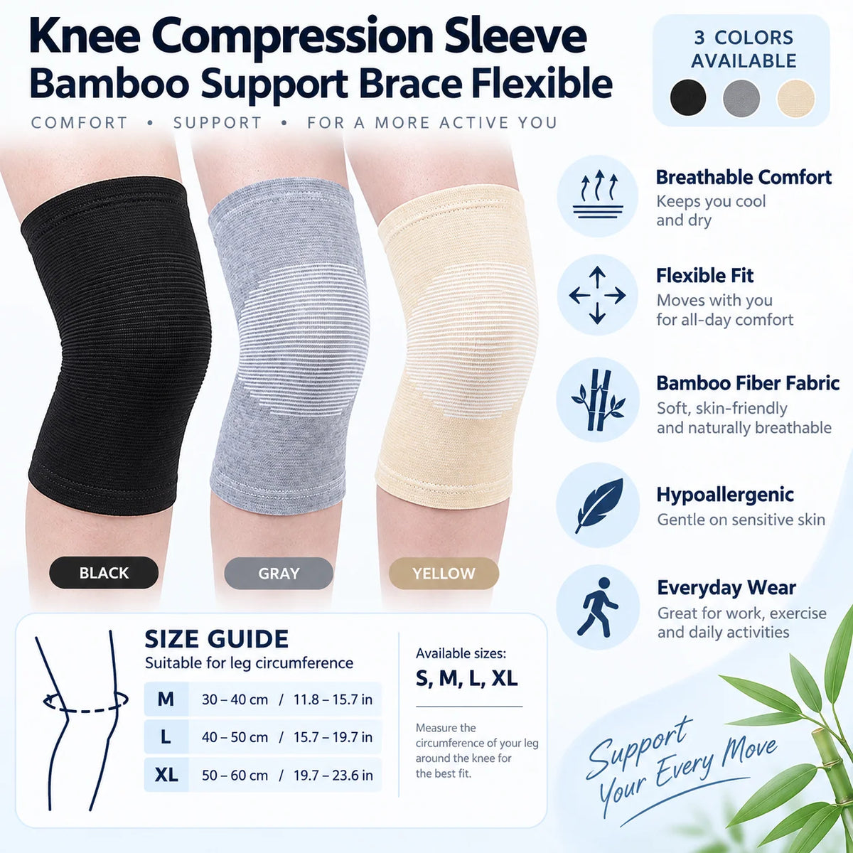 Knee Compression Sleeve Breathable Moisture-Wicking Bamboo Fabric