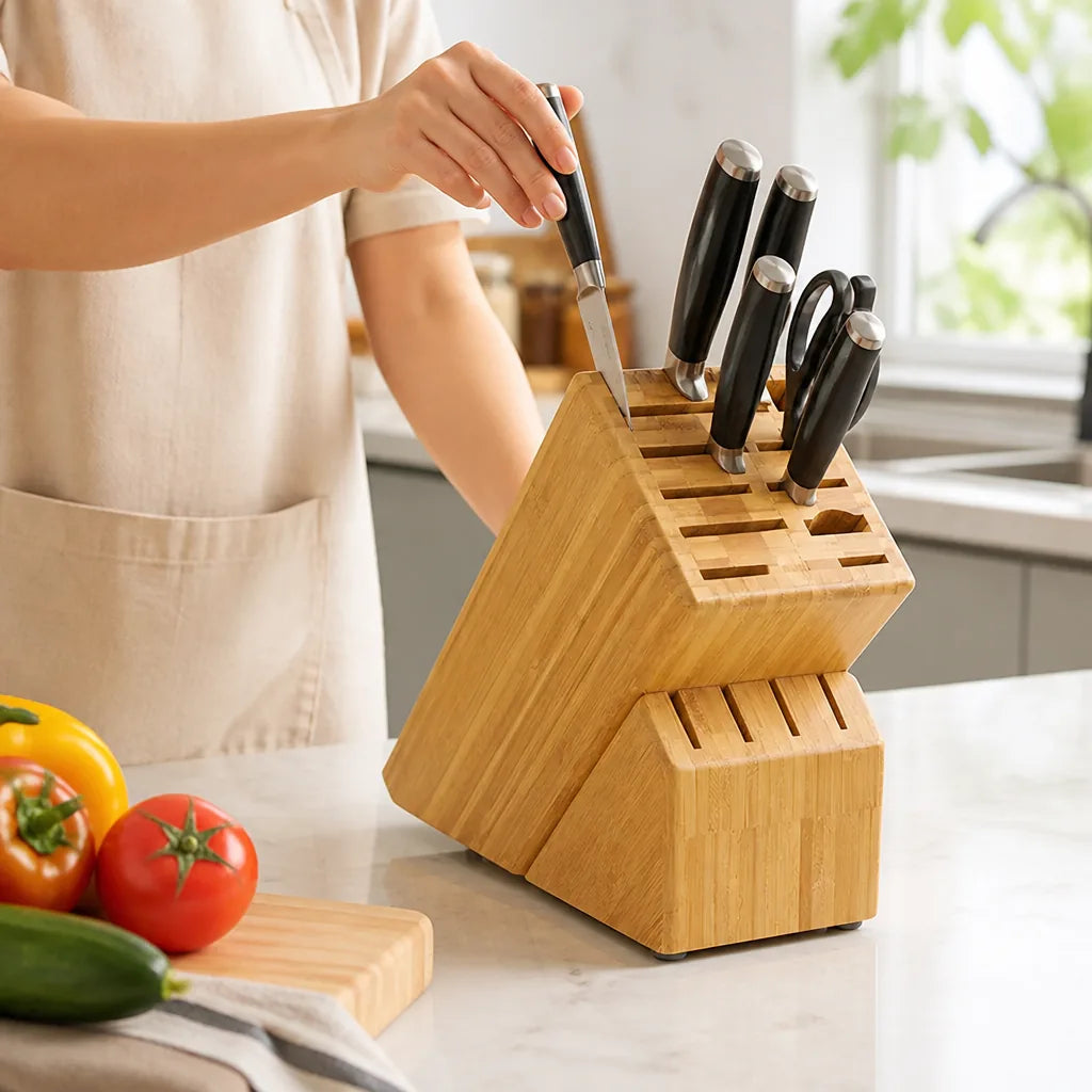 Knife Block Bamboo Angled Multi-Slot & Non-Slip Base