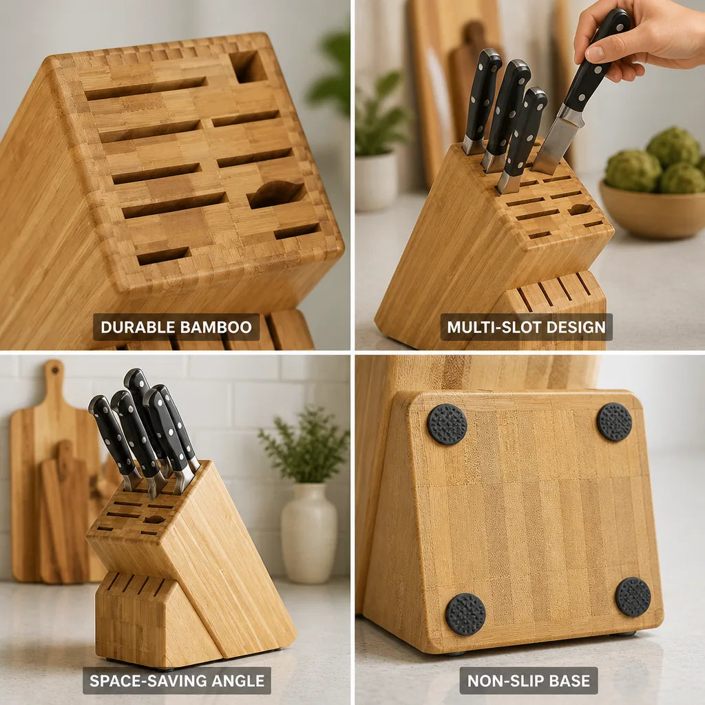 Knife Block Bamboo Angled Multi-Slot & Non-Slip Base
