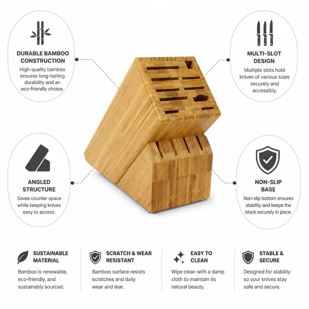 Knife Block Bamboo Angled Multi-Slot & Non-Slip Base