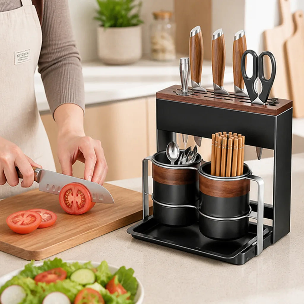 Knife Block Walnut Wood Chopstick & Utensil Holders