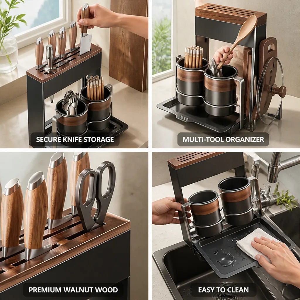 Knife Block Walnut Wood Chopstick & Utensil Holders
