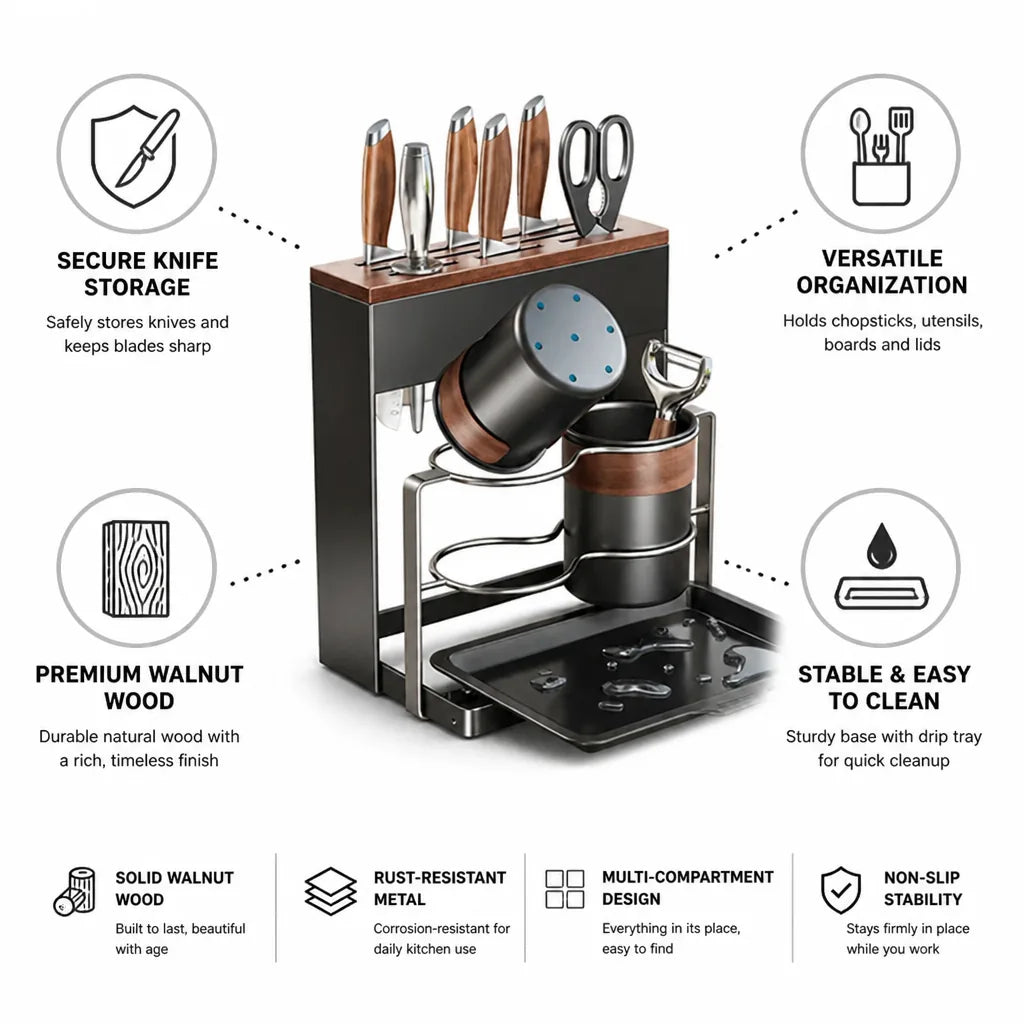 Knife Block Walnut Wood Chopstick & Utensil Holders