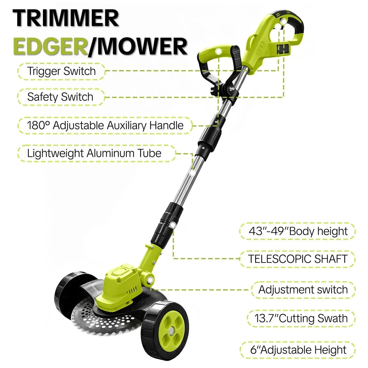 Lawn Mower Trimmer & Edger 3-In-1 Cordless Adjustable Shaft