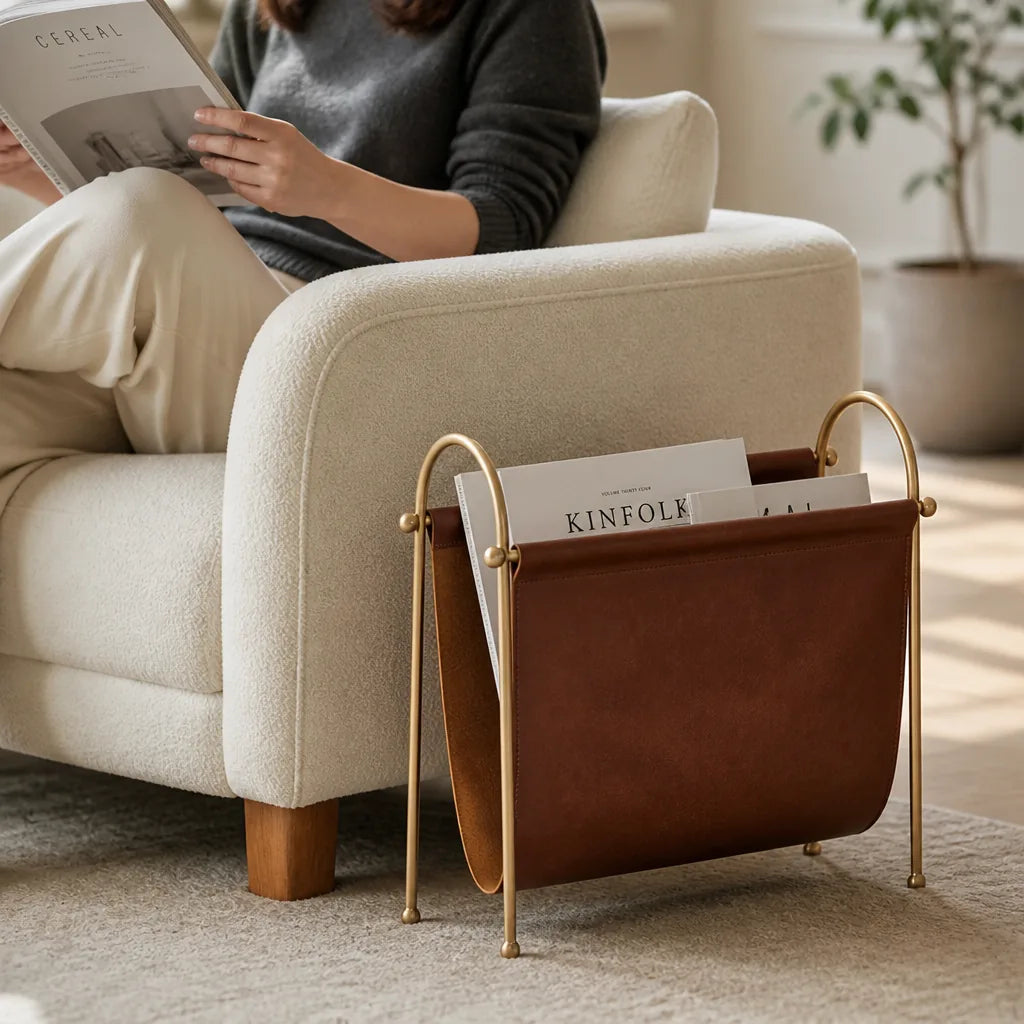 Magazine Holder Genuine Leather Metal Frame Spacious Storage