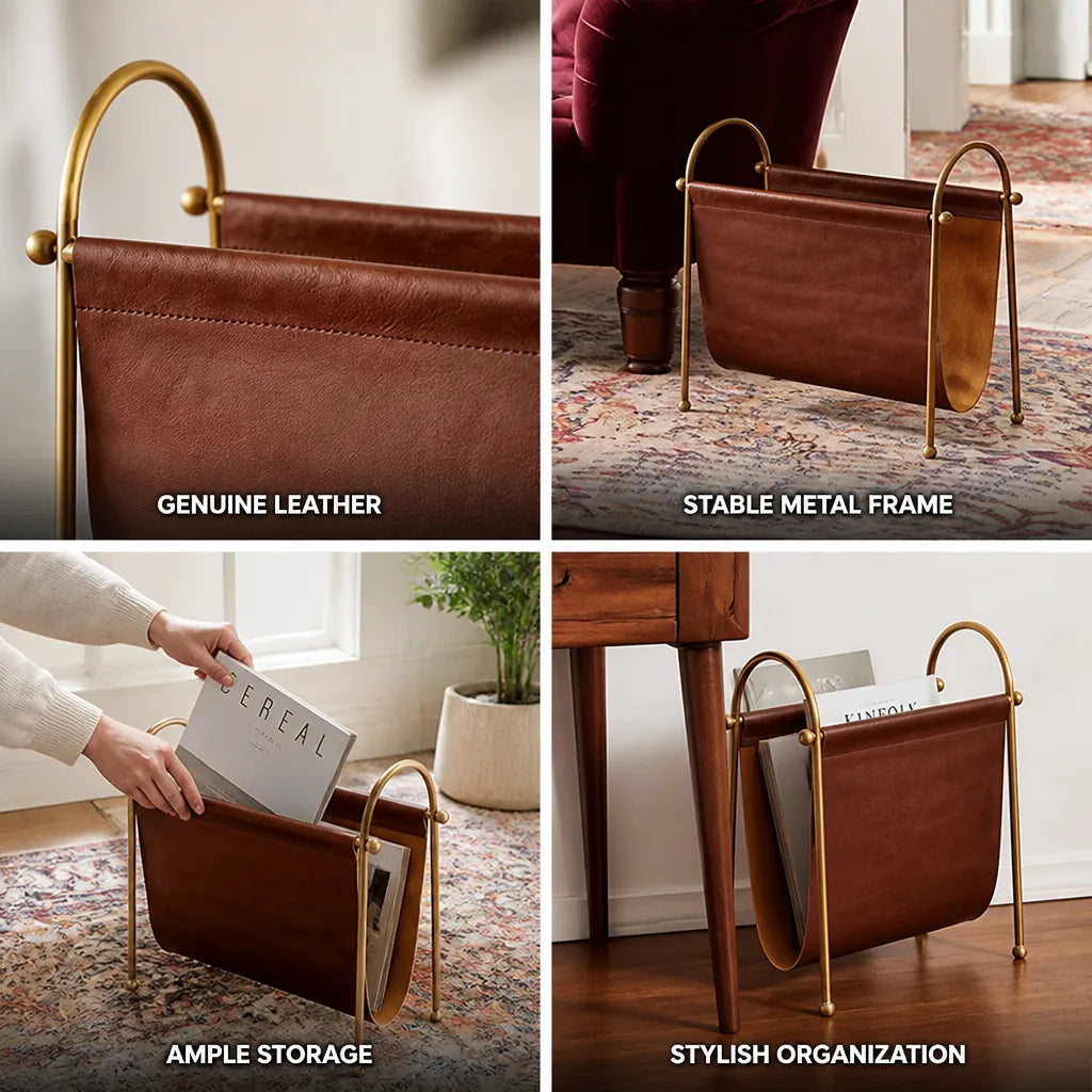 Magazine Holder Genuine Leather Metal Frame Spacious Storage