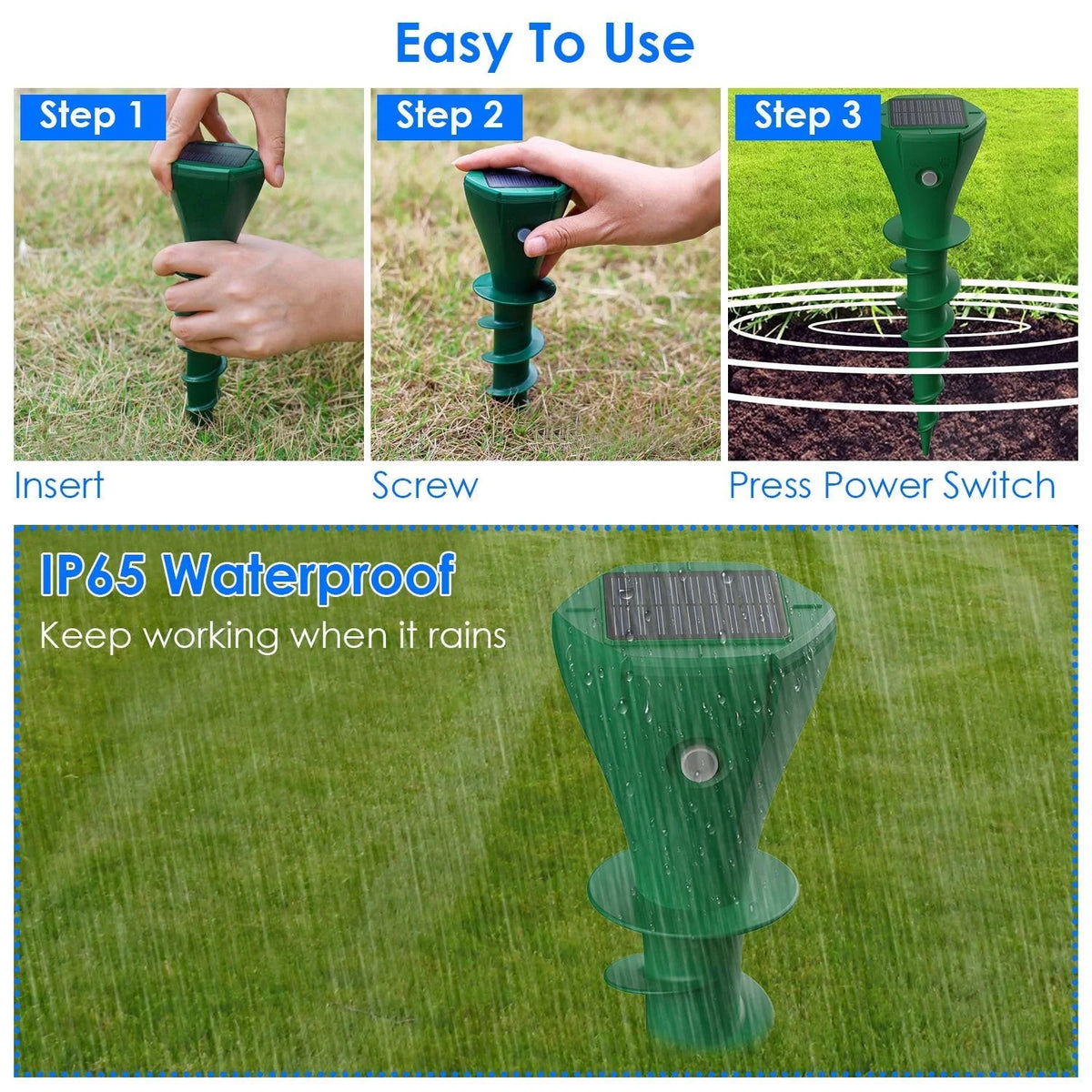 Mole Repellent Stakes Solar-Powered Vibrating Waterproof