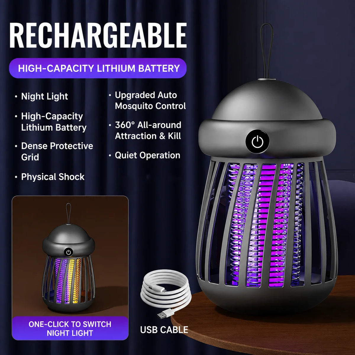 Mosquito Zapper Lamp UV Electric Grid Rechargeable USB Powered