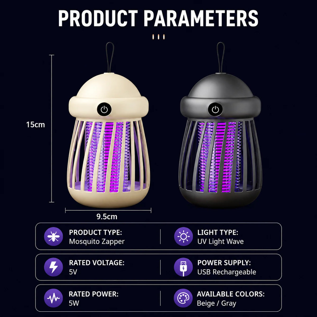 Mosquito Zapper Lamp UV Electric Grid Rechargeable USB Powered