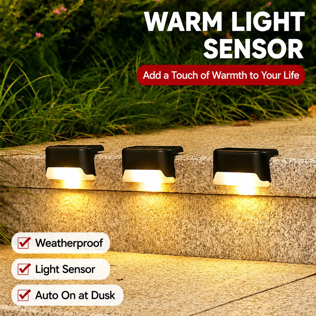 Outdoor Step Lights Solar-Powered Dusk-to-Dawn Weatherproof