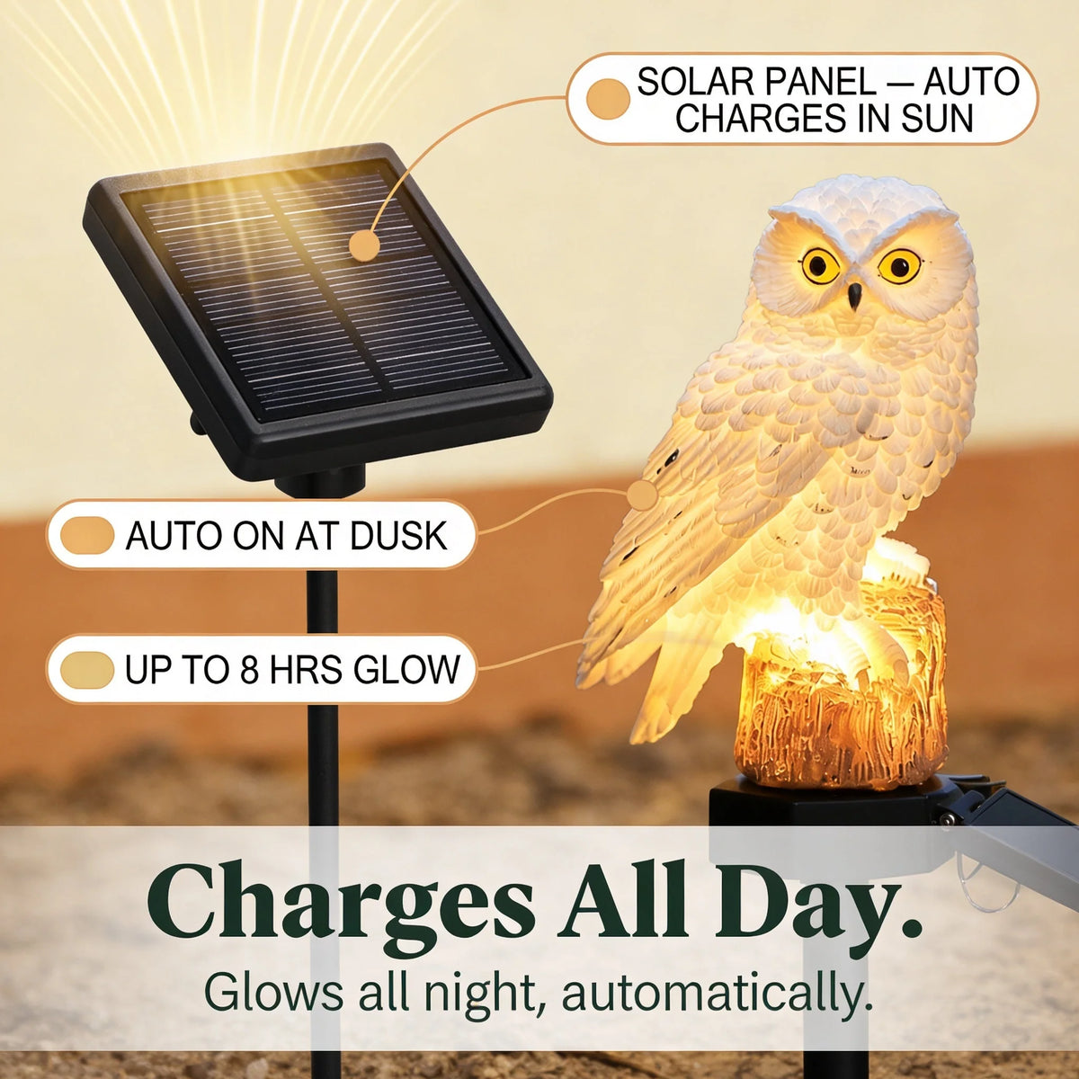 Owl Garden Light Solar Powered Automatic Dusk-To-Dawn Waterproof