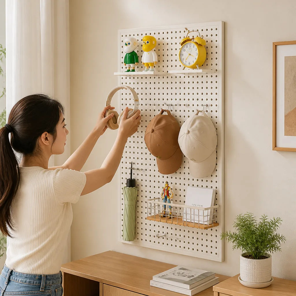 Pegboard Organizer Wall-Mounted Modular Design 10 Metal Hooks