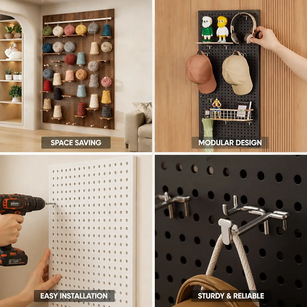 Pegboard Organizer Wall-Mounted Modular Design 10 Metal Hooks