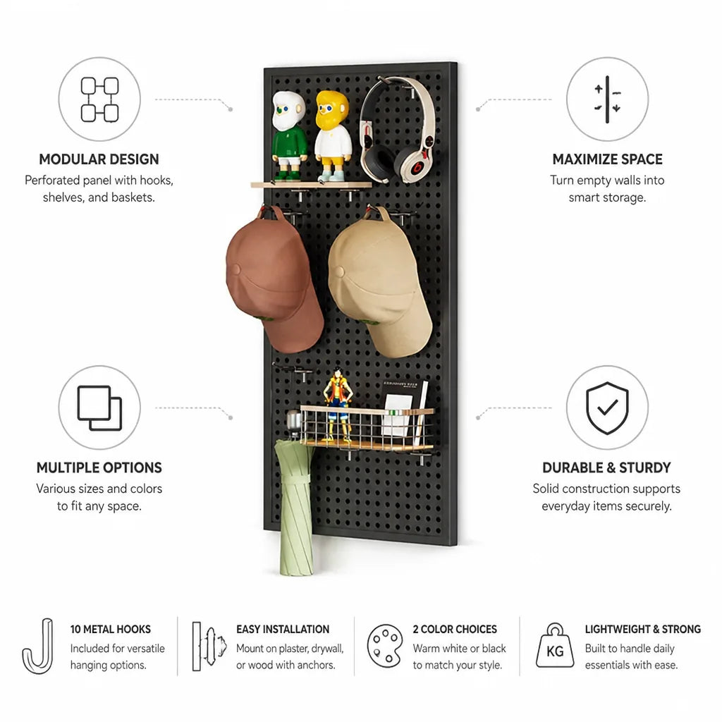 Pegboard Organizer Wall-Mounted Modular Design 10 Metal Hooks