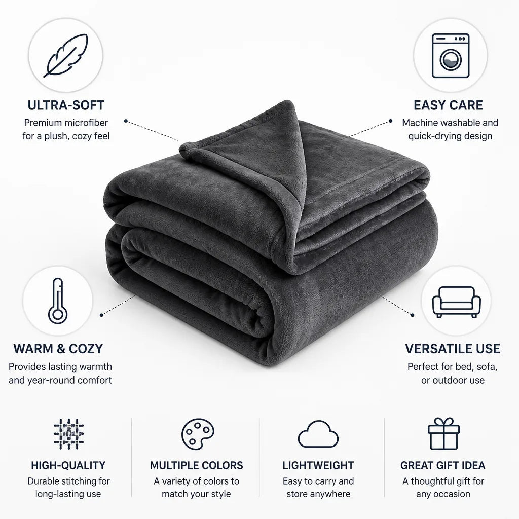 Plush Throw Blanket Ultra-Soft Microfiber Machine Washable & Quick-Dry