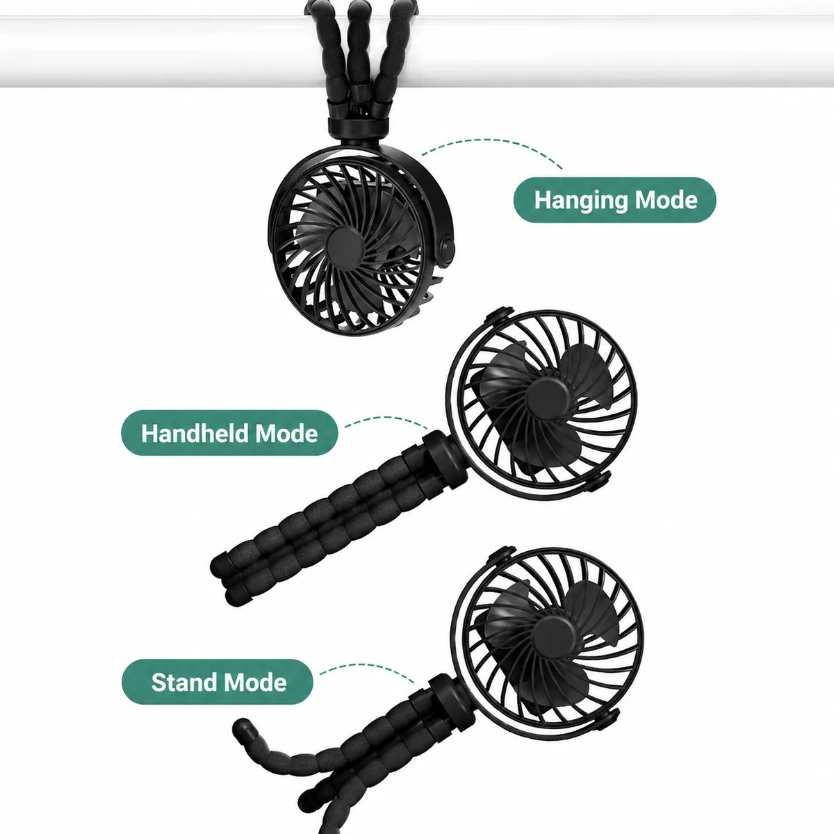 Portable Fan Flexible Tripod Legs USB-C Rechargeable 3 Speeds