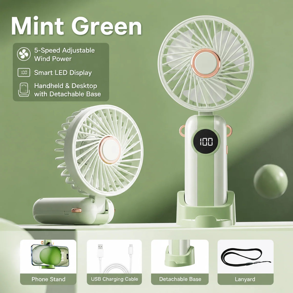 Portable Fan Foldable USB Rechargeable 5-Speed LED Display