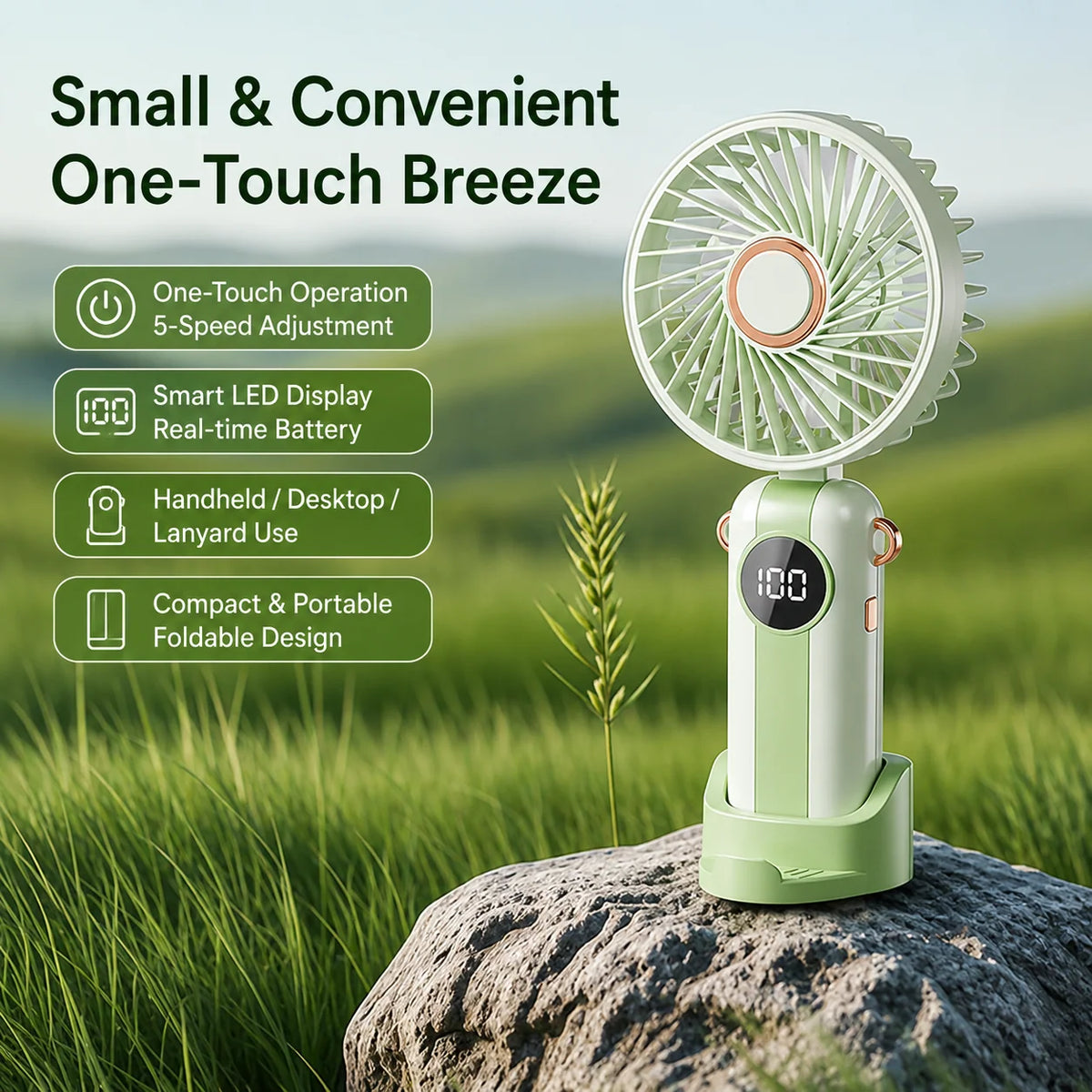 Portable Fan Foldable USB Rechargeable 5-Speed LED Display