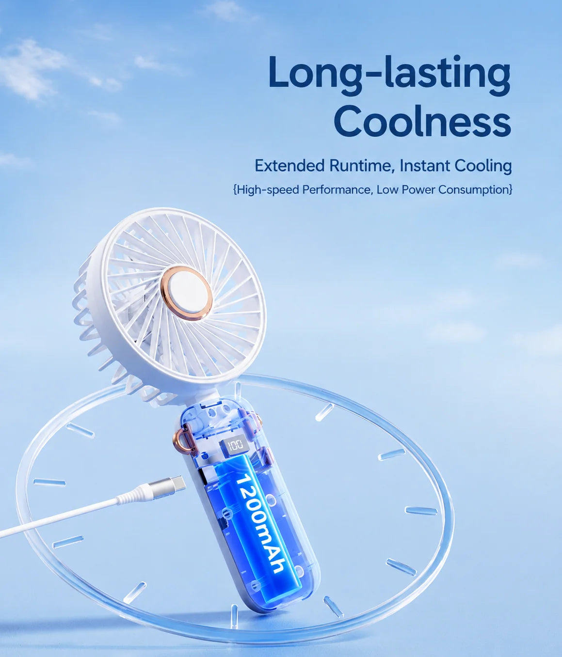 Portable Fan Foldable USB Rechargeable 5-Speed LED Display